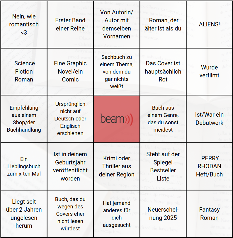 Beam Bücher Bingo 2025: 5 mal 5 Felder mit verschiedenen Themen